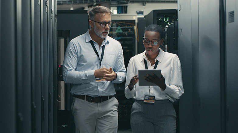 Associates in a network room.