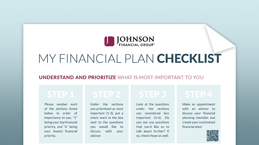 A four-step checklist from Johnson Financial Group helps users prioritize their financial goals. Steps include ranking financial priorities, marking important questions for discussion, reviewing less-important areas, and scheduling a consultation to create a customized financial plan. A QR code is included for easy appointment scheduling.