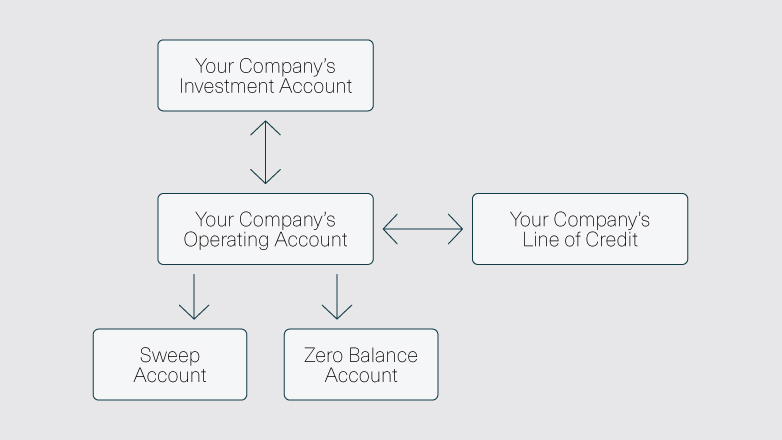 Your company's investment account, flowing to your company's operating account, flowing to zero balance accounts and your company's line of credit